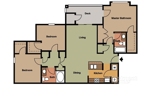 Floor plan for 3 beds, 2 baths, 1263 sqft